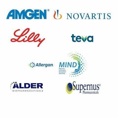 Amgen, Novartis, Lilly, Teva, Allergan Mind, Alder Biopharmaceuticals, Supernus Pharmaceuticals